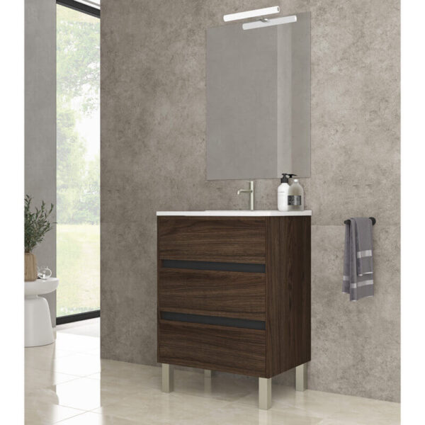 Ensemble de salle de bain meuble 60cm STAY THREE EDGE bois foncé - Vasque en céramique - Miroir sur châssis - Applique lumineuse – Image 2