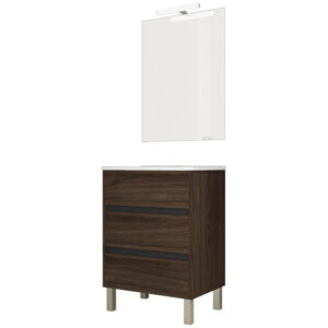 Ensemble de salle de bain meuble 60cm STAY THREE EDGE bois foncé - Vasque - Miroir - Applique