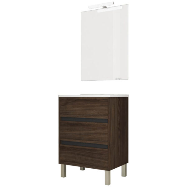 Ensemble de salle de bain meuble 60cm STAY THREE EDGE bois foncé - Vasque en céramique - Miroir sur châssis - Applique lumineuse