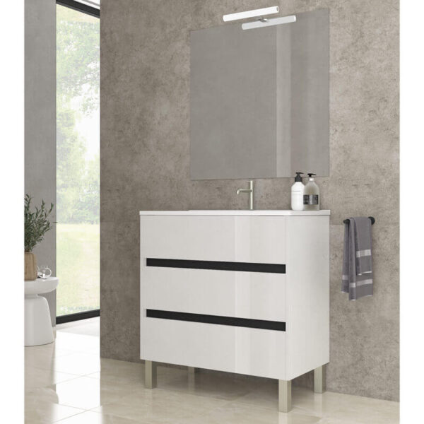 Ensemble de salle de bain meuble 80cm STAY THREE EDGE blanc brillant - Vasque en céramique - Miroir sur châssis - Applique lumineuse – Image 2