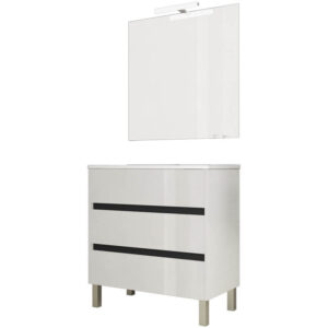 Ensemble de salle de bain meuble 80cm STAY THREE EDGE blanc brillant - Vasque - Miroir - Applique