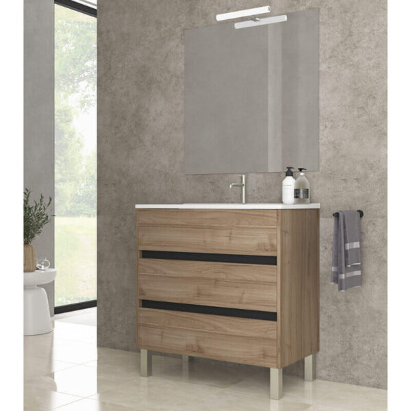 Ensemble de salle de bain meuble 80cm STAY THREE EDGE bois clair - Vasque en céramique - Miroir sur châssis - Applique lumineuse – Image 2