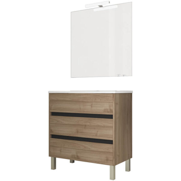 Ensemble de salle de bain meuble 80cm STAY THREE EDGE bois clair - Vasque en céramique - Miroir sur châssis - Applique lumineuse