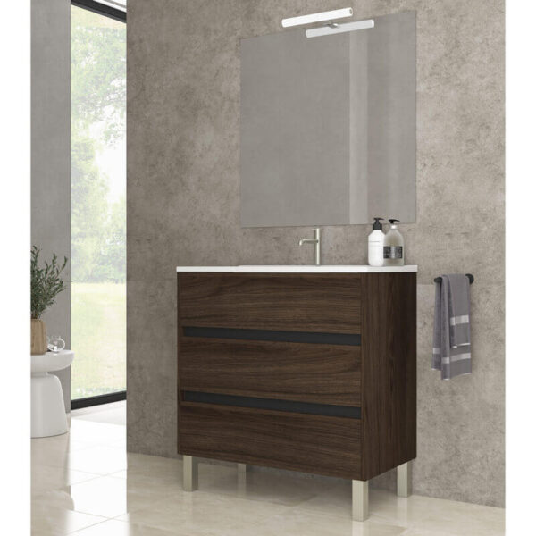 Ensemble de salle de bain meuble 80cm STAY THREE EDGE bois foncé - Vasque en céramique - Miroir sur châssis - Applique lumineuse – Image 2