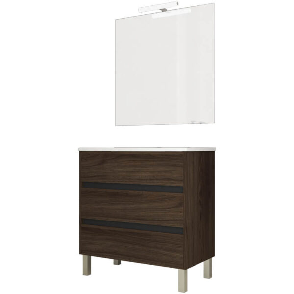 Ensemble de salle de bain meuble 80cm STAY THREE EDGE bois foncé - Vasque en céramique - Miroir sur châssis - Applique lumineuse