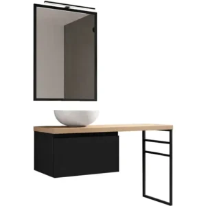 Ensemble de salle de bain meuble 100cm INDUSTRIAL DARK bois clair et noir - Vasque bol en céramique - Miroir - Applique
