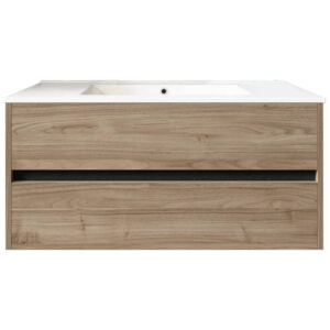 Meuble de salle de bain suspendu 100cm DOUBLE EDGE bois clair - Vasque en céramique
