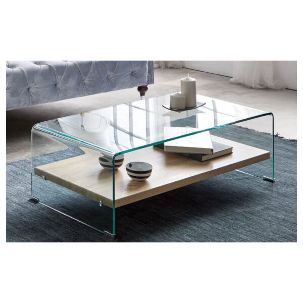 Table basse en verre 110cm avec étagère en bois – Image 2